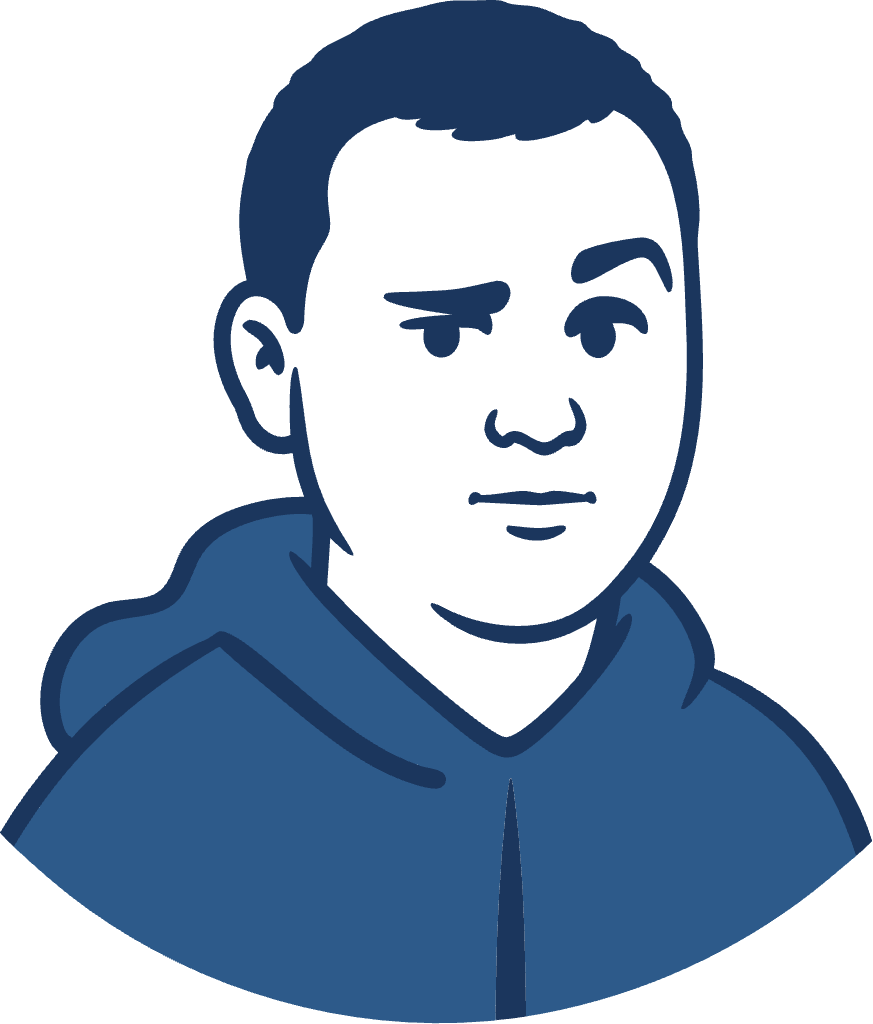 A stylized blue and white illustration of Abhimanyu Sirothia in a hoodie